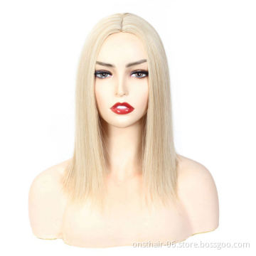 16inch Straight Topper Hair Synthetic Blonde Hair with Bangs for Women Clip-in One-piece Hair Extension High Temperature Fiber